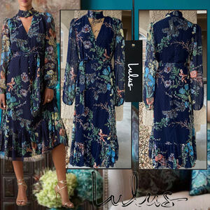 Lulus Fallyn Navy Floral Swiss Dot Long Sleeve Midi Dress Size L